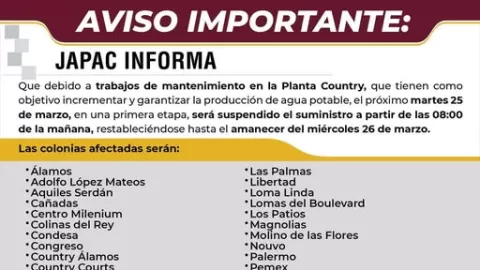 JAPAC informa que el próximo martes 25 de marzo, será suspendido el suministro de agua en 60 colonias de Culiacán