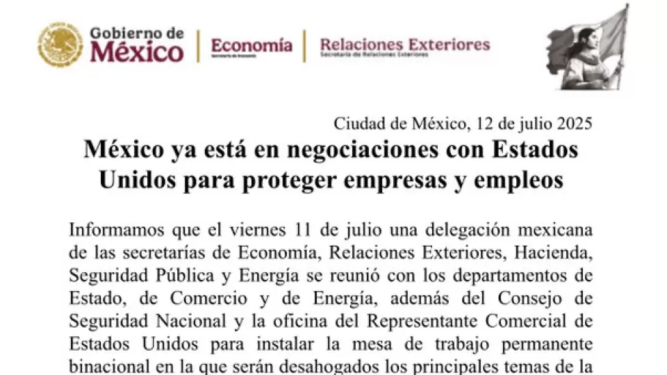 Delegación mexicana está en negociaciones con Estados Unidos para evitar aranceles