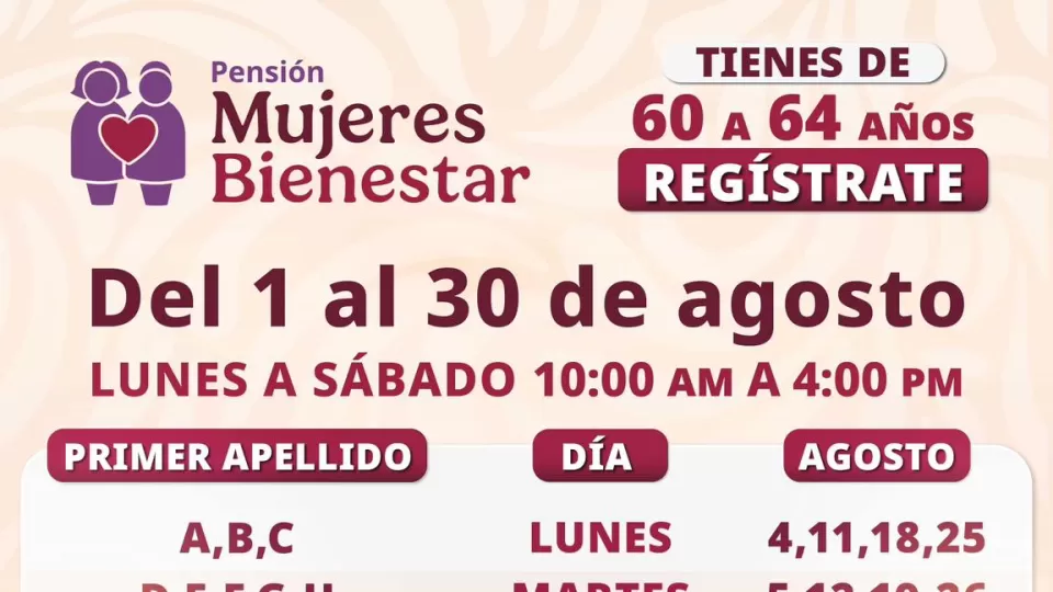 Del 1 al 30 de agosto arranca inscripción a la Pensión Mujeres Bienestar de 60 a 64 años