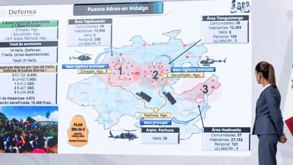 Activan en Hidalgo 3 Centros de Mando con 111 puentes aéreos para atender a comunidades afectadas por las lluvias