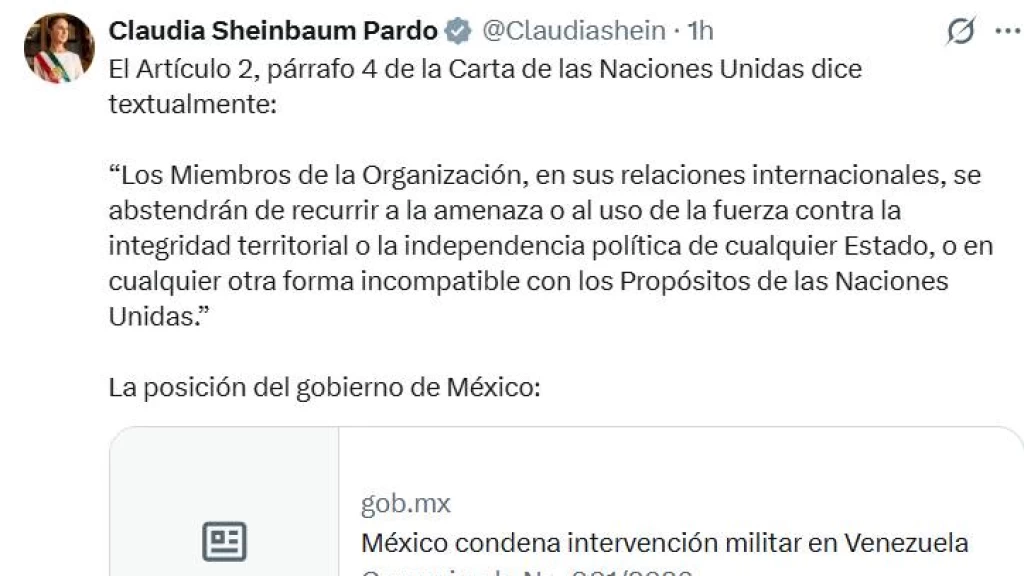 México condena enérgicamente la intervención militar de EE.UU. en Venezuela y exige el cese de la agresión