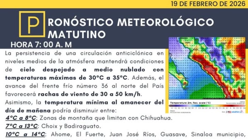 Sinaloa: De Mañanas Frescas a Mediodías Calurosos y Vientos Fuertes Hoy Jueves 19 de Febrero