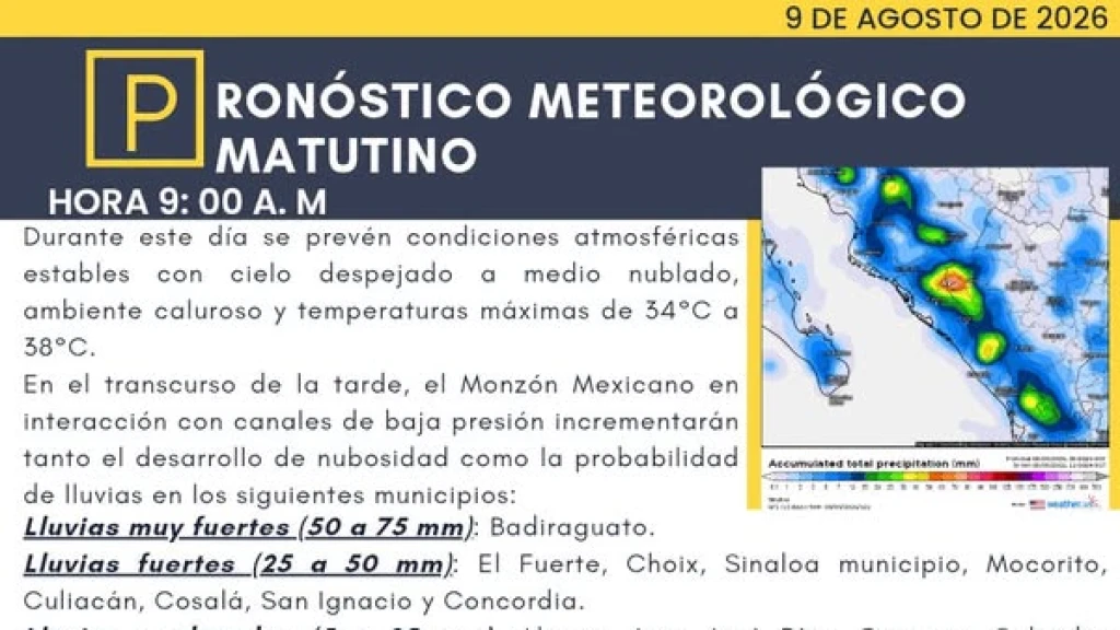 Sinaloa: Lluvias de hasta 75 mm por Monzón Mexicano este Domingo