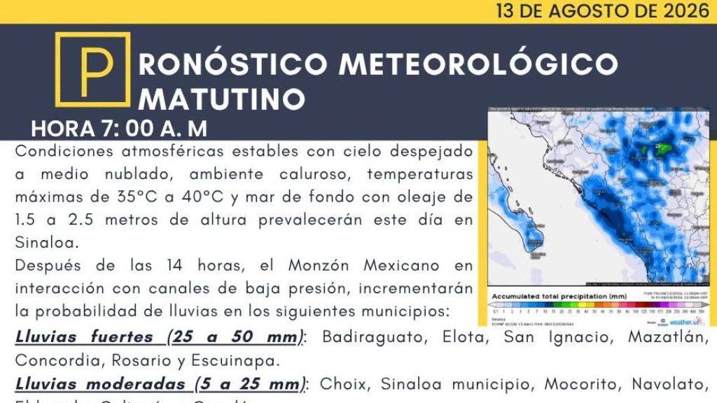 Sinaloa: Lluvias, Posible Granizo y Vientos de 60 km/h Azotan Hoy 13 de Agosto
