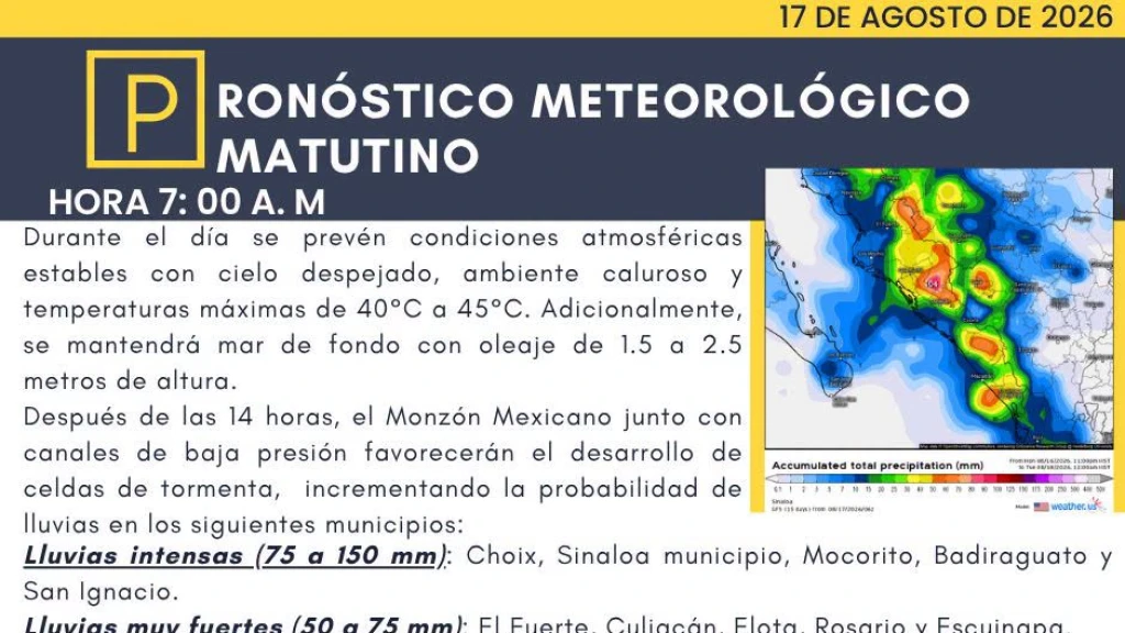 Lluvias Intensas de hasta 150 mm Azotarán Sinaloa y Nayarit este 17 de Agosto por Monzón Mexicano