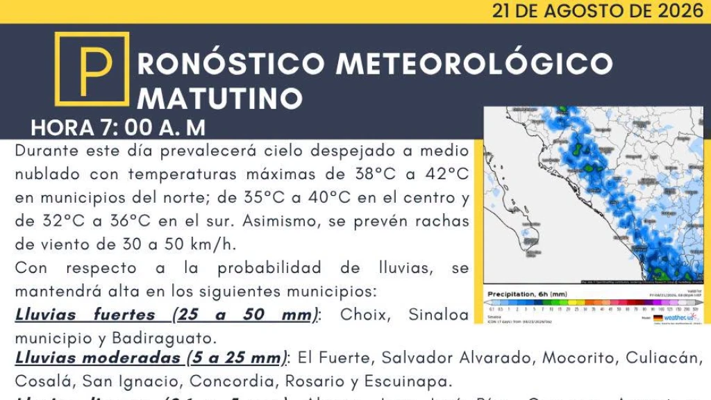 Sinaloa: Lluvias Fuertes y Calor en la Región Este Viernes 21 de Agosto
