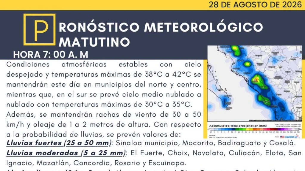 Sinaloa: Lluvias Fuertes y Calor de hasta 42°C en el Estado a partir del 28 de Agosto
