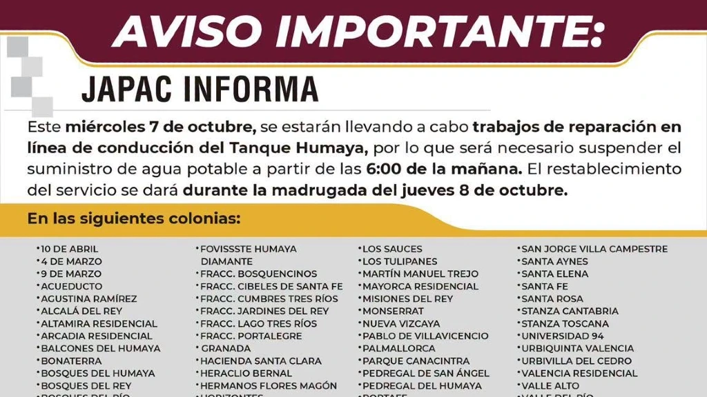 ¡ATENCIÓN CULIACÁN! Japac anuncia corte de agua masivo en más de 100 colonias este 7 de octubre