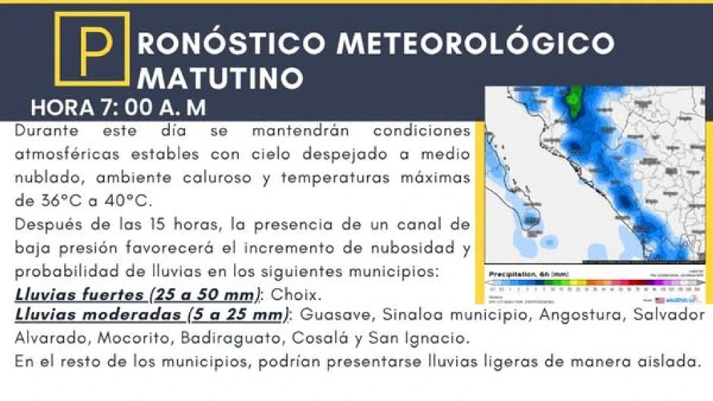 Sinaloa: Lluvias Fuertes esta Tarde, ¡Temperaturas de hasta 40°C!